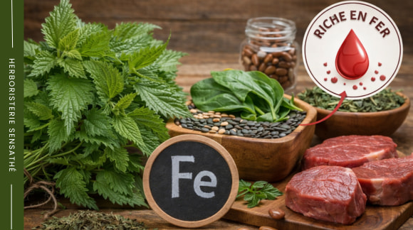 Ortie fraîche mise en scène avec aliments riches en fer pour illustrer ses bienfaits nutritionnels - Herboristerie Sensathé